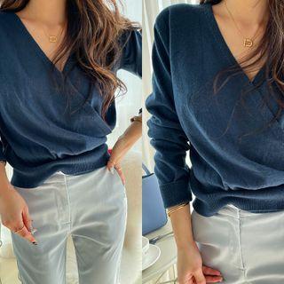 V-neck Wool Blend Knit Top Blue - One Size