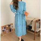 Lantern-sleeve Flower Print Ruffle Midi A-line Dress 6030 - Blue - One Size