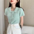 Short-sleeve Polo Collared Plain Knit Top