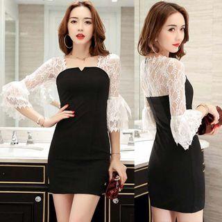 3/4-sleeve Lace Trim Mini Bodycon Dress