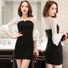 3/4-sleeve Lace Trim Mini Bodycon Dress
