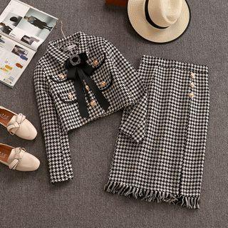 Set: Houndstooth Button Jacket + Pencil Skirt
