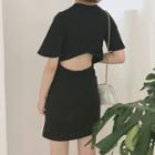 Short-sleeve Open Back Mini T-shirt Dress Black - One Size