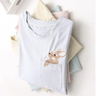 Rabbit Embroidered Pinstriped Short Sleeve T-shirt