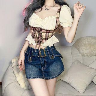 Mock Two-piece Puff-sleeve Plaid Crop Blouse