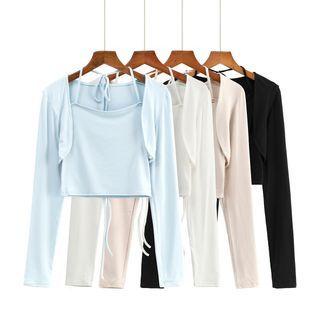 Set: Halter Camisole Top + Long-sleeve Open-front Crop Top
