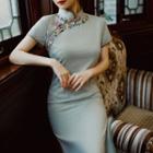 Short-sleeve Floral Detail Qipao Dress