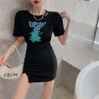 Round-neck Printed Split Skinny Mini Skirt