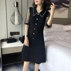 Elbow-sleeve Collared A-line Knit Dress