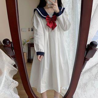 Long-sleeve Sailor Collar Midi A-line Dress As Shown In Figure - One Size
