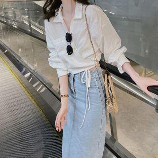 Set: Loose-fit Plain Shirt + Denim Pencil Skirt
