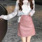 Striped Long-sleeve Knit Top / High-waist Mini A-line Skirt