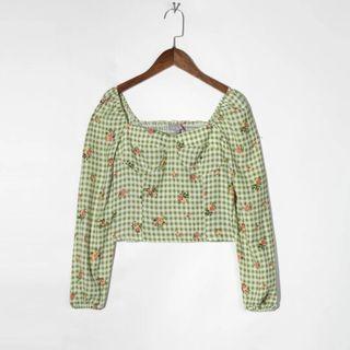 Gingham Fruit Print Cropped Blouse