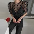 Puff-shoulder Dot Tulle Blouse Black - One Size