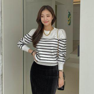 Bishop-sleeve Stripe Knit Top