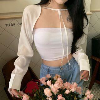 Plain Tube Top / Long-sleeve Tie-strap Cropped Cardigan