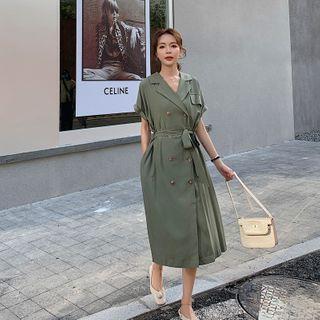 Elbow-sleeve Double-breasted Midi A-line Dress