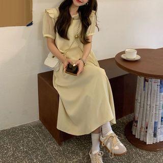 Puff-sleeve Blouse / Ruffled Strap Midi Overall Dress