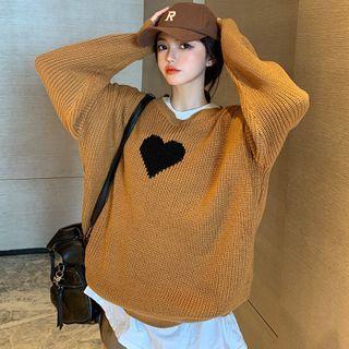 Heart-print Loose-fit Sweater / Plain T-shirt