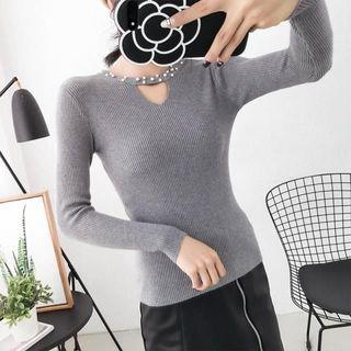 Beaded Cut Out Detail Long Sleeve Knit Top