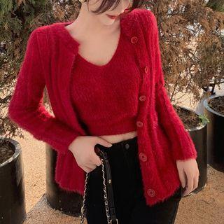 V-neck Plain Camisole Top / Plain Loose Fit Cardigan