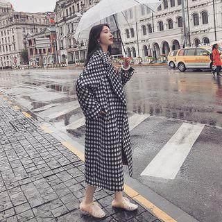 Notch Lapel Houndstooth Open-front Midi Coat