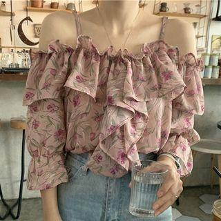Off-shoulder Suspender Floral Chiffon Shirt