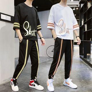 Set: 3/4-sleeve Lettering T-shirt + Harem Sweatpants