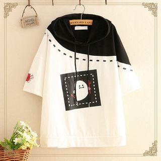 Ghost Print Color-block Short-sleeve Hoodie
