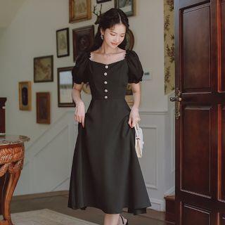 Button Accent Puff-sleeve Dress