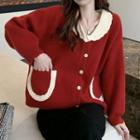 Contrast Collar Cardigan Red - One Size