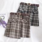 Plaid Woolen A-line Skirt With Belt