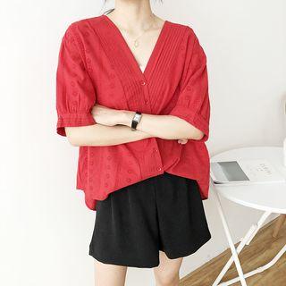 Perforated Elbow-sleeve V-neck Dress