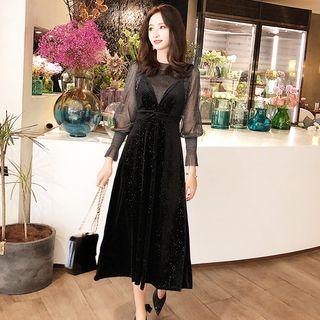 Set: Lantern-sleeve Mesh Top + Spaghetti Strap Midi Velvet Dress