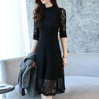 Set: Long-sleeve Lace Dress + Plaid Double-breasted Long Vest