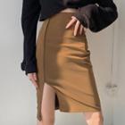 Plain High-waist Slit Mini Skirt