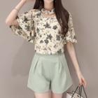 Set: Floral Print Elbow Sleeve Chiffon Top + Plain Wide Leg Shorts