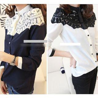Lace Panel Long-sleeve Chiffon Blouse