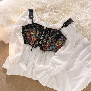 Long-sleeve Plain Dress / Sleeveless Floral Top