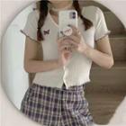 Short-sleeve Butterfly Embroidered Button-up Knit Top
