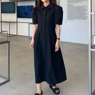 Puff Sleeve Front Pocket Midi Shirtdress