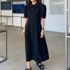 Puff Sleeve Front Pocket Midi Shirtdress
