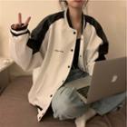 Letter Embroidered Faux Leather Panel Baseball Jacket