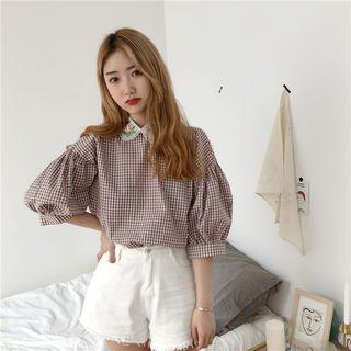 3/4-sleeve Floral Embroidery Plaid Blouse