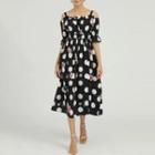 Bell-sleeve Cold-shoulder Dotted Midi A-line Dress