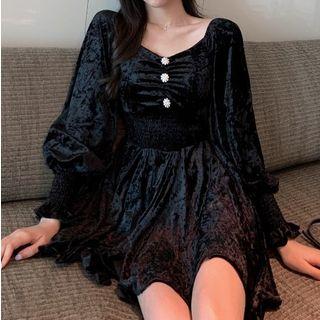 Long-sleeve Buttoned Gathered-waist Dress Black - One Size