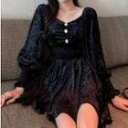 Long-sleeve Buttoned Gathered-waist Dress Black - One Size
