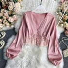 V-neck Lace Panel Satin Blouse