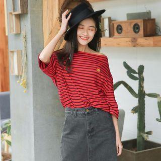 Striped Elbow-sleeve Off Shoulder T-shirt