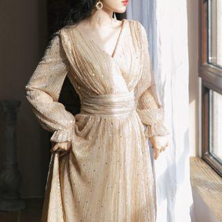 Long-sleeve Sequined Mesh Maxi A-line Dress